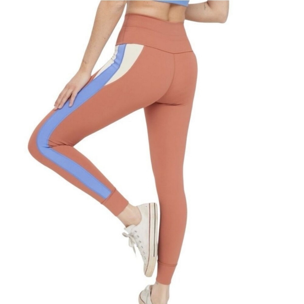 aerie Rust High-Waist Leggings with Blue and Cream Side Stripe